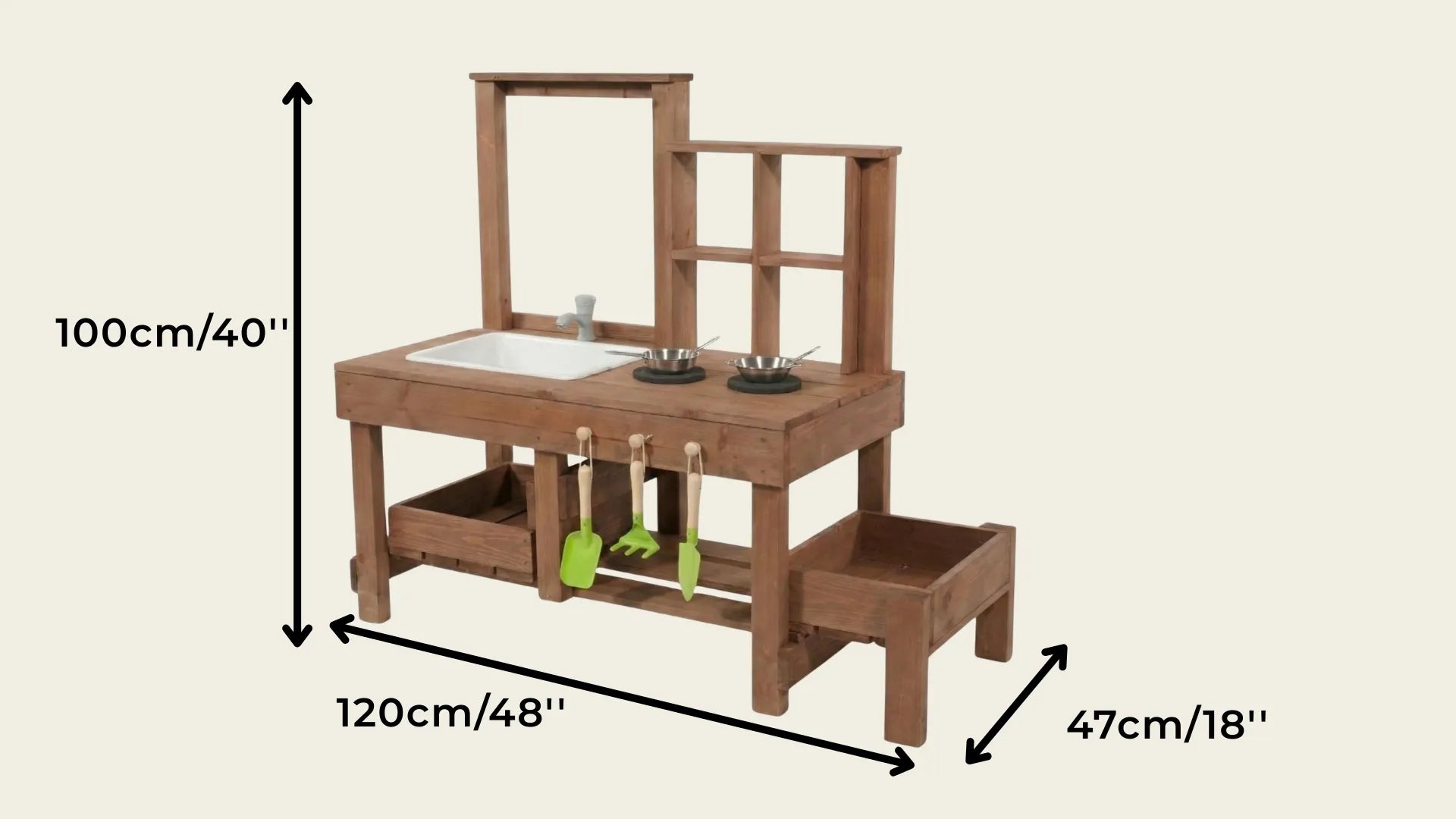 Wooden play kitchen set with dimensions labeled on a beige background
