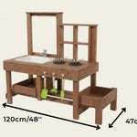 Wooden play kitchen set with dimensions labeled on a beige background