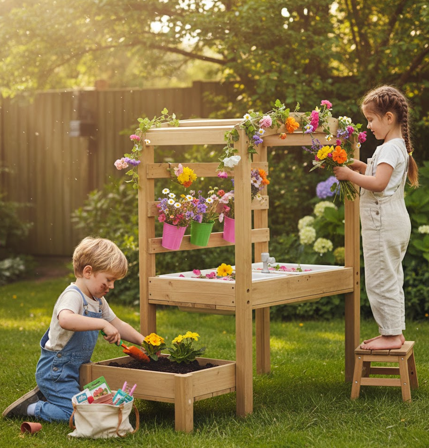 Two children playing with a wooden outdoor play table in a garden.