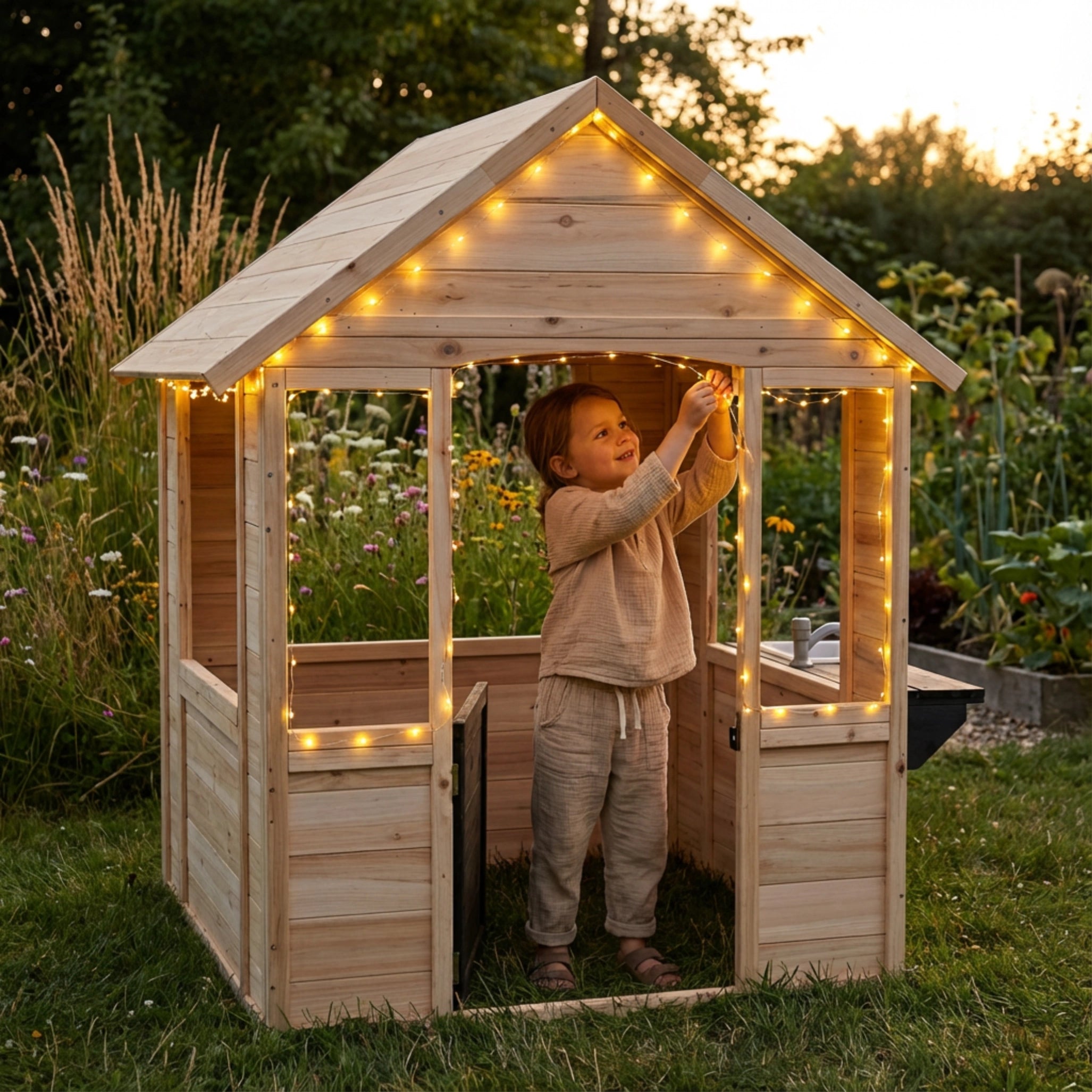 Child playing inside a Luckids wooden playhouse with string lights in a garden setting