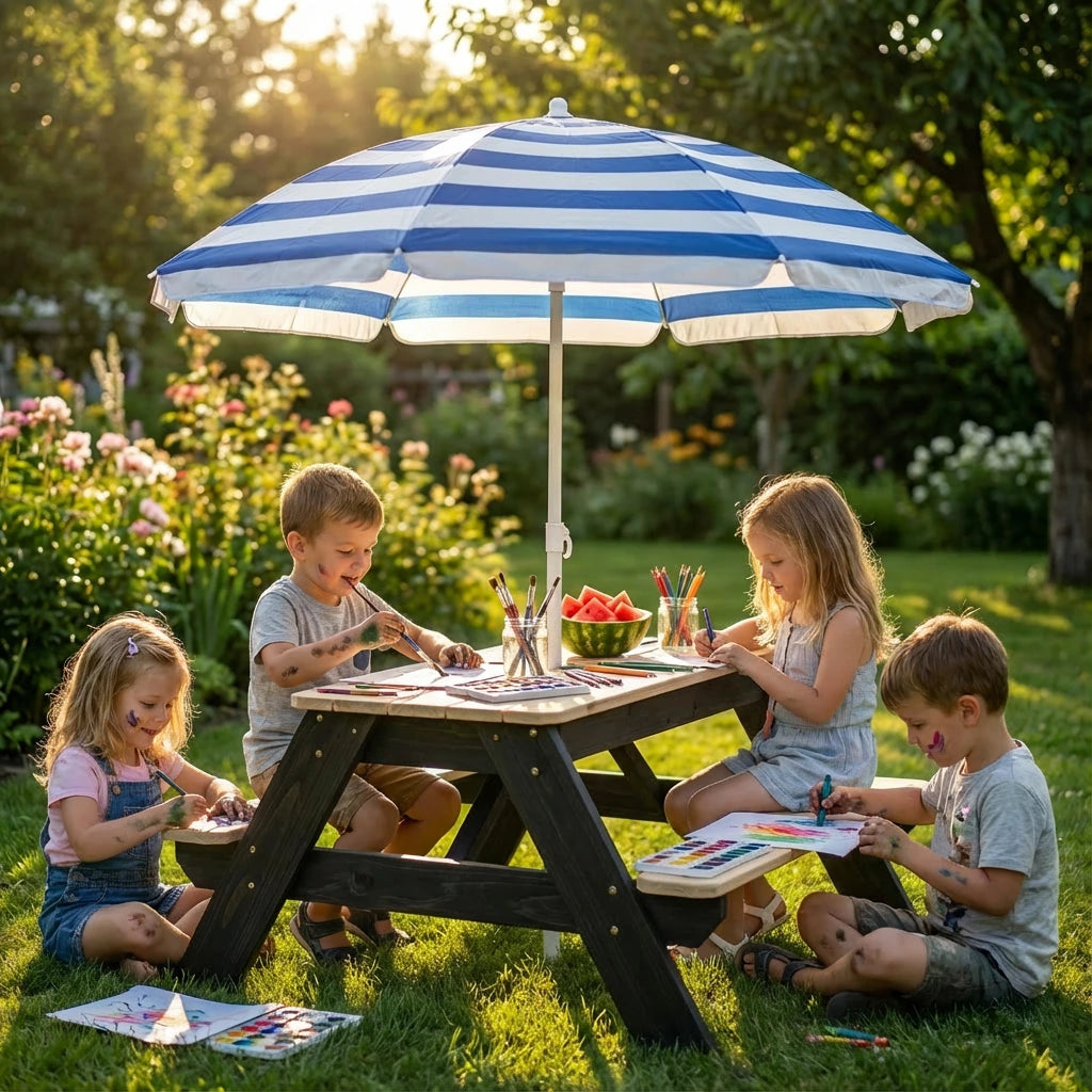 Children playing at a picnic table under a large blue and white striped umbrella in a garden.