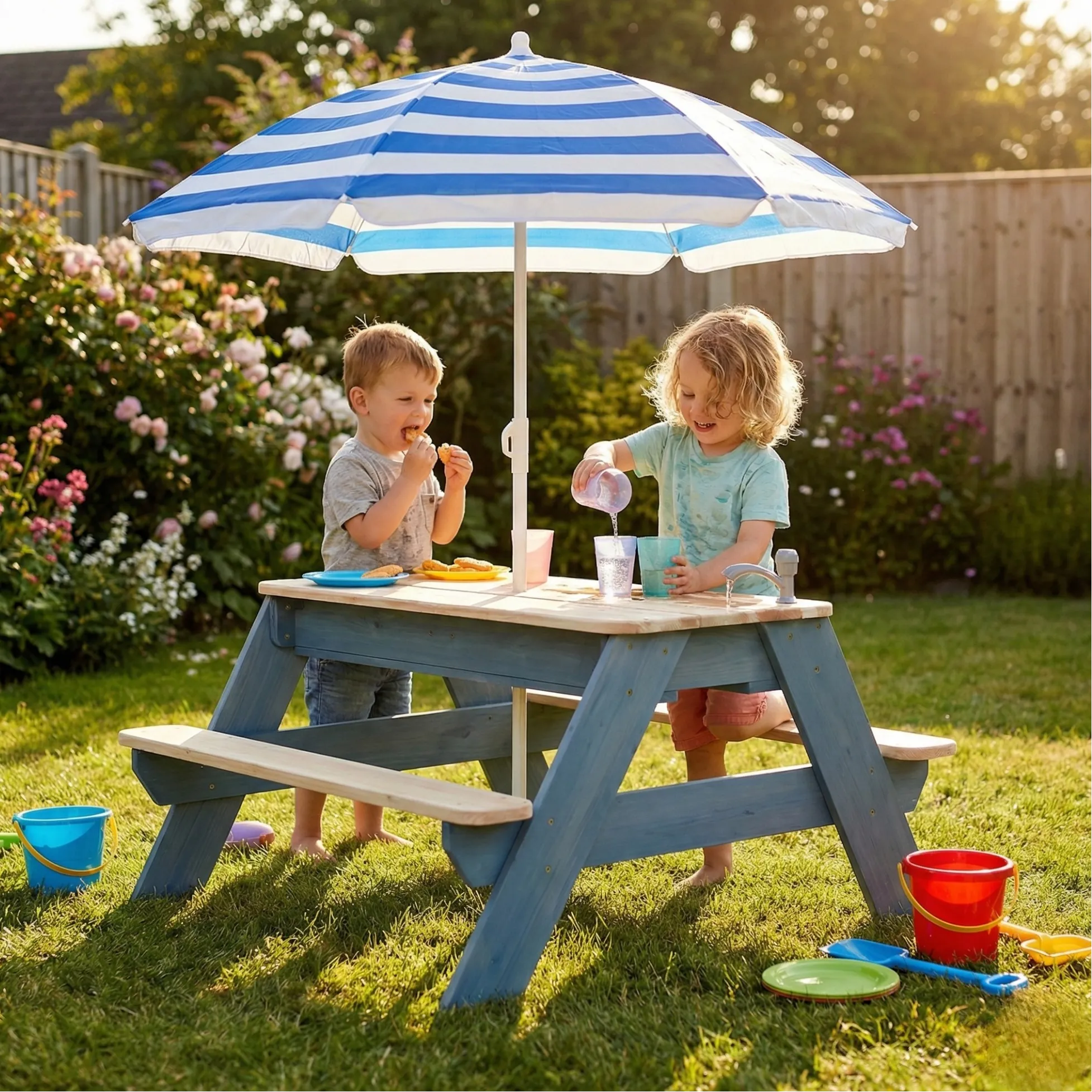 Two children at a picnic table with a blue and white striped umbrella in a garden setting.