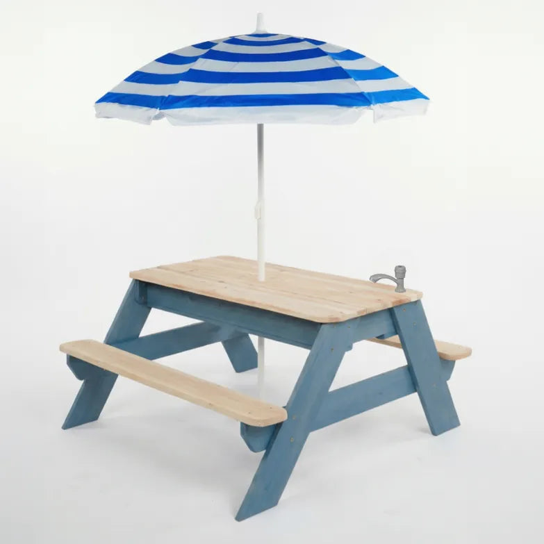 Children's picnic table with blue and white striped umbrella on a white background