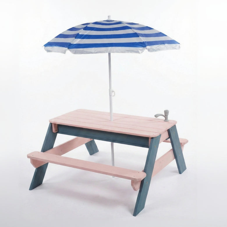 Children's picnic table with blue and white striped umbrella on a white background