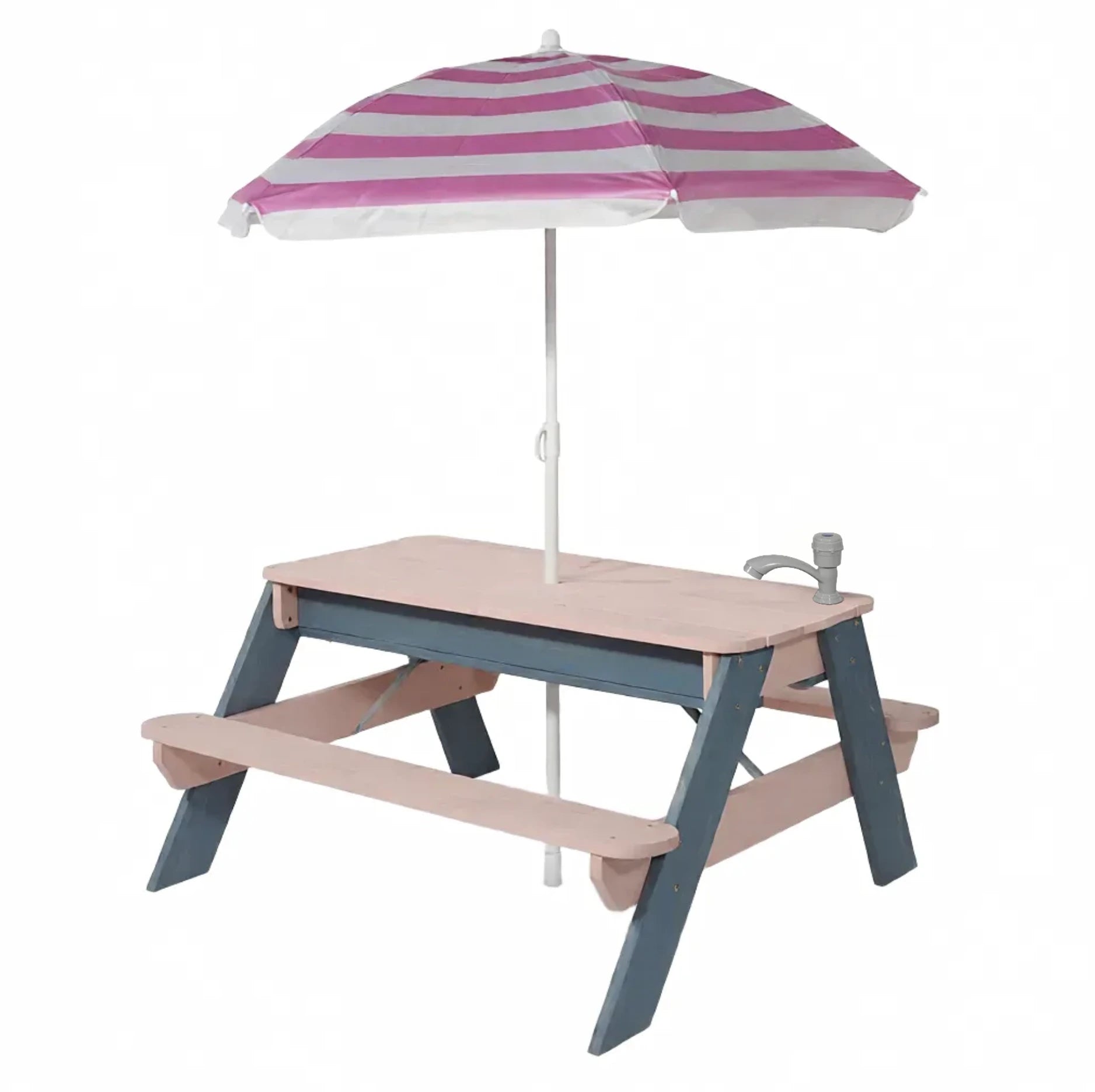 Children's picnic table with pink and white striped umbrella on a white background