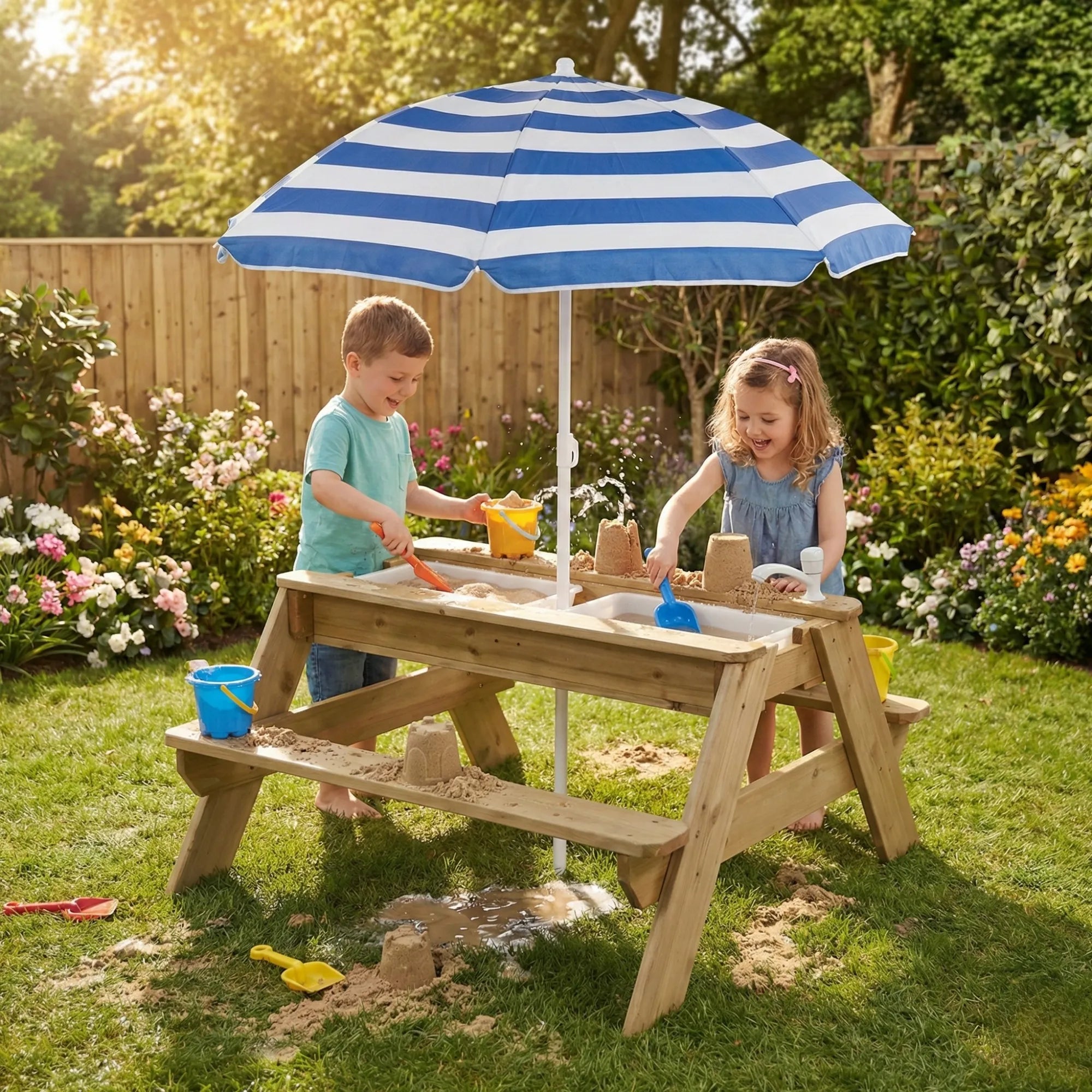 Two children playing at a wooden sand table with a blue and white striped umbrella in a garden.