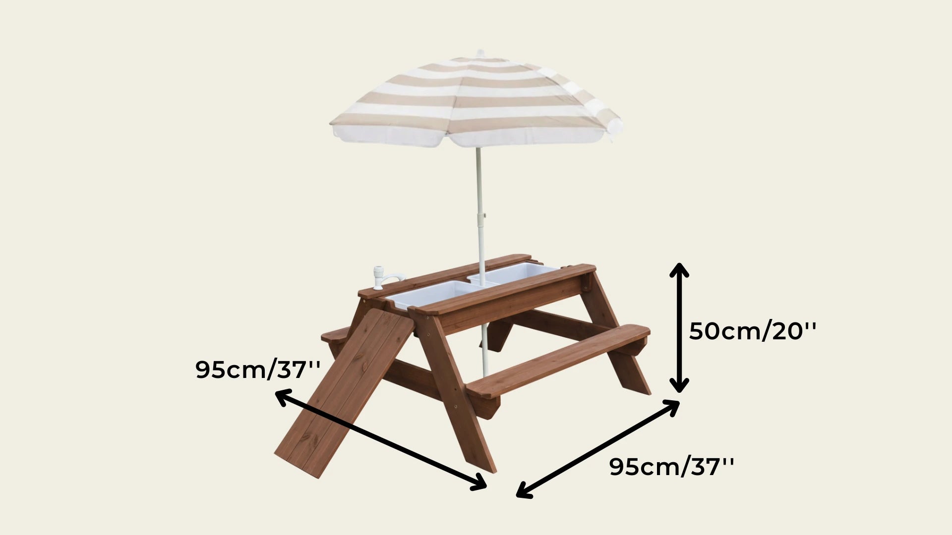 Wooden children's picnic table with umbrella and measurements on a beige background.