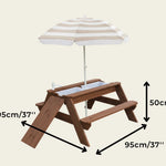 Wooden children's picnic table with umbrella and measurements on a beige background.