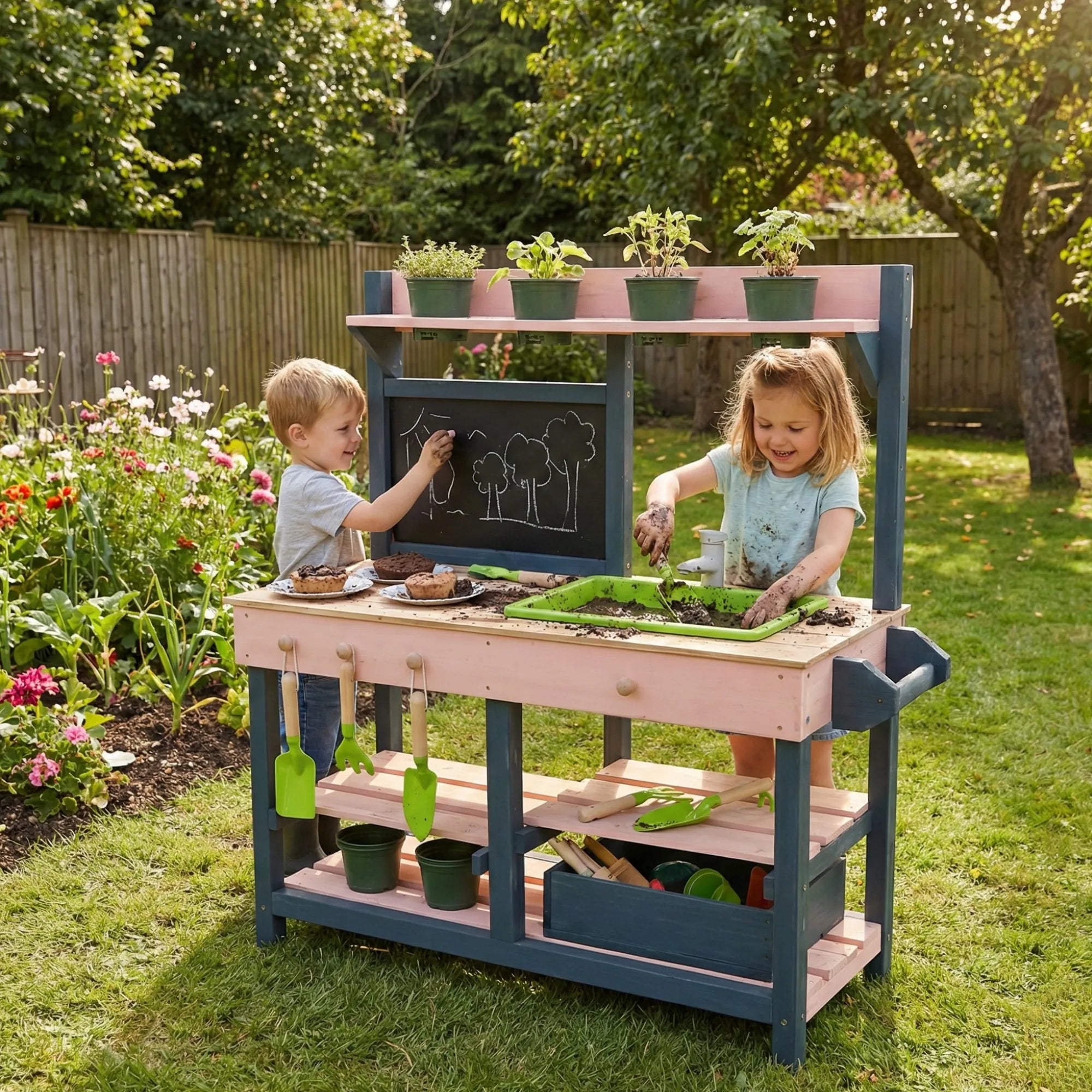 Two children playing with a wooden play kitchen set outdoors.