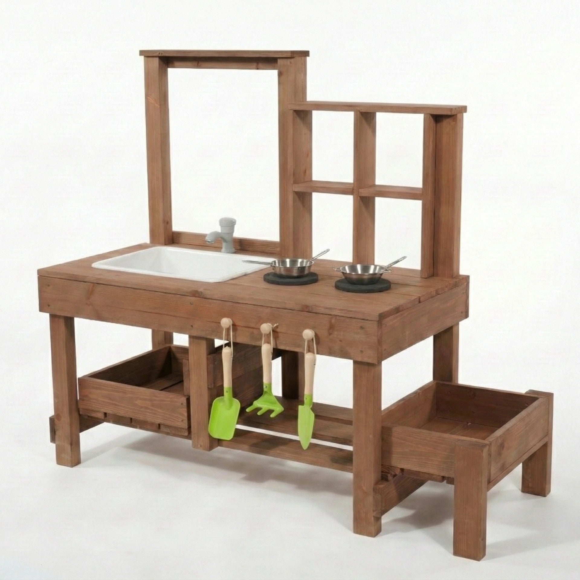 Wooden play kitchen set with sink, shelves, and toy utensils on a white background