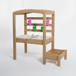 Wooden children's play sink with shelves and colorful buckets on a white background