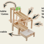 Wooden water play structure with adjustable water gates and a modular water flow system on a beige background.