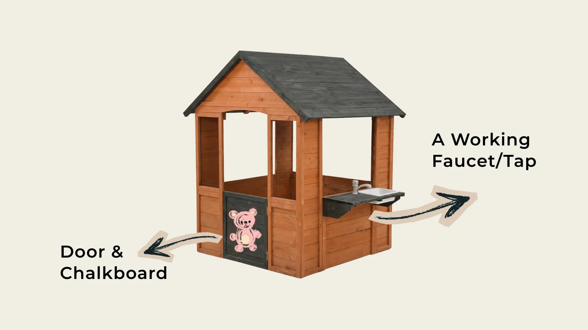 Wooden playhouse with a door, chalkboard, and faucet on a beige background