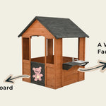 Wooden playhouse with a door, chalkboard, and faucet on a beige background