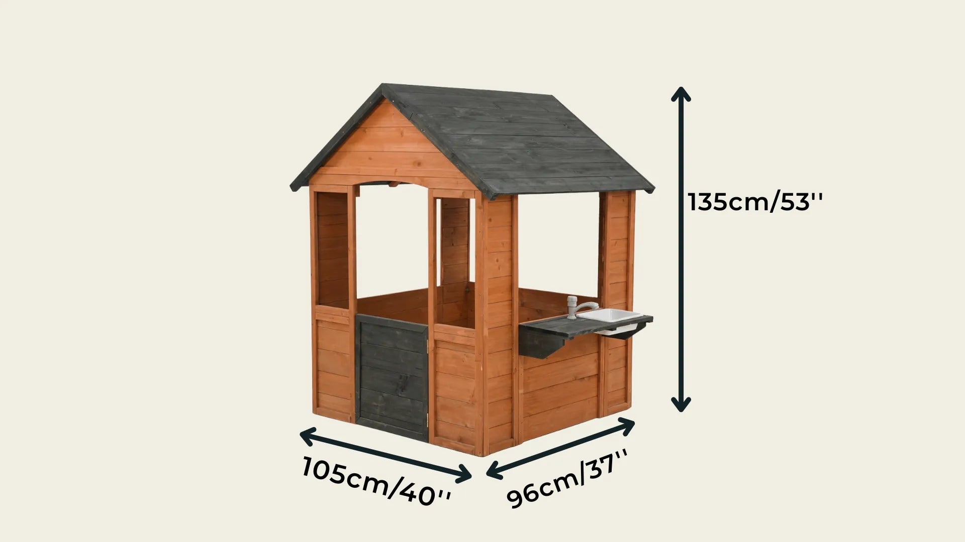 Wooden playhouse with dimensions indicated on a beige background