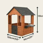 Wooden playhouse with dimensions indicated on a beige background