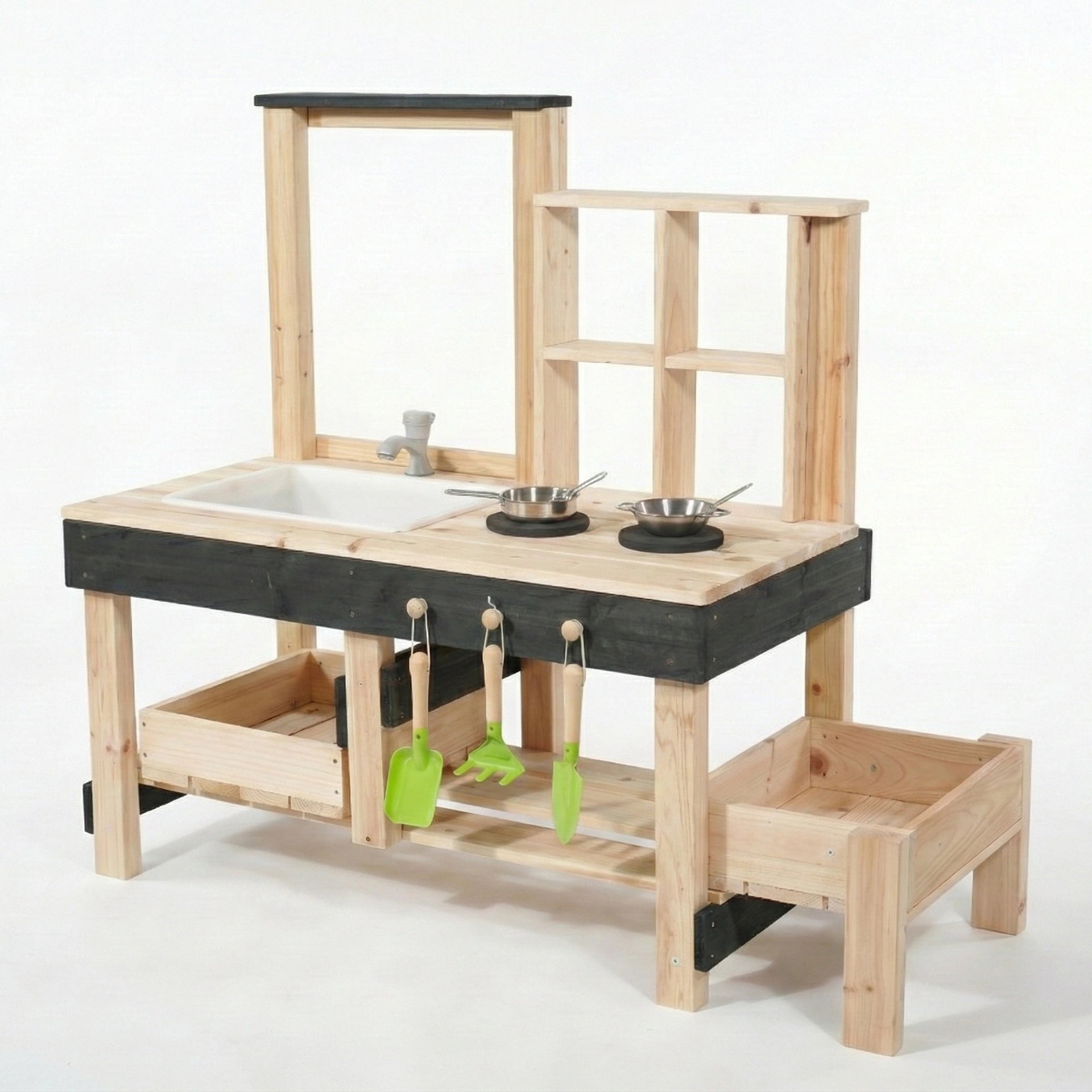 Wooden play kitchen set with sink, shelves, and tools on a white background