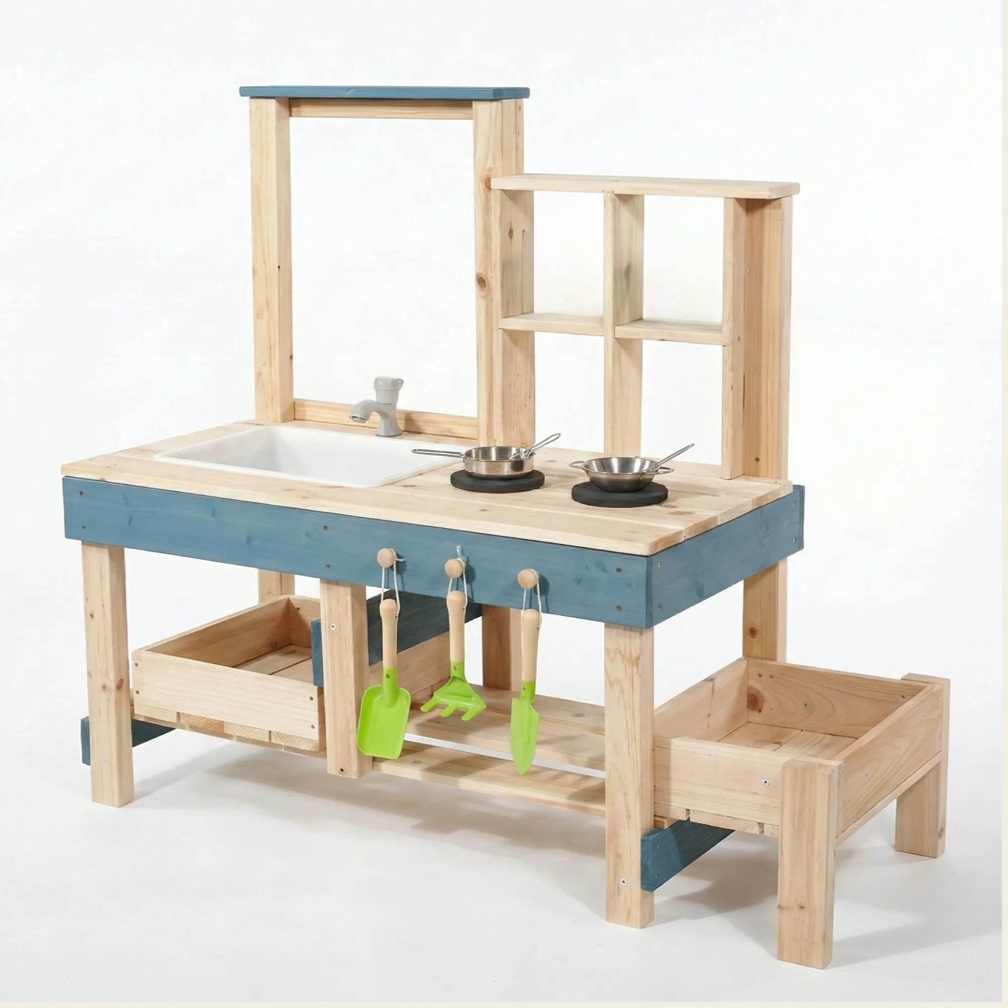 Wooden play kitchen set with sink, shelves, and storage bins on a white background