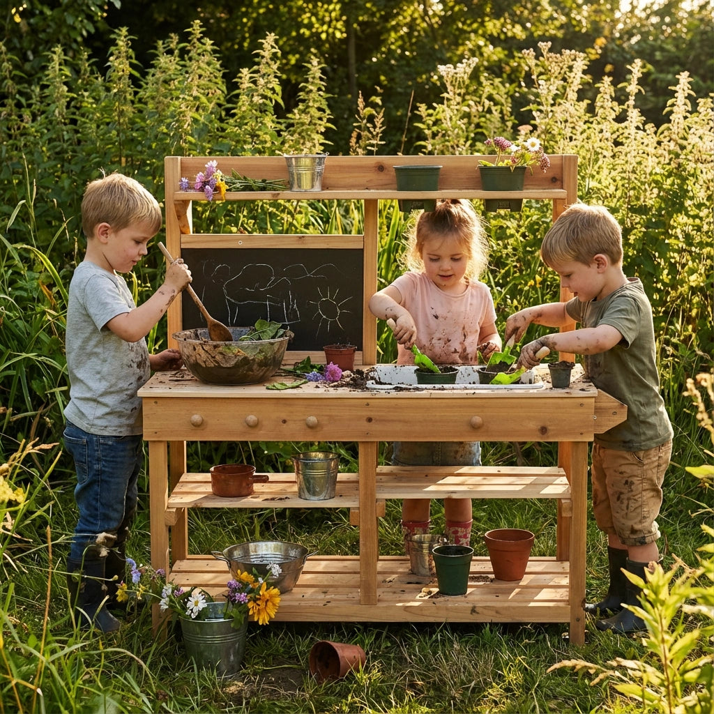 Children playing with a wooden play kitchen set outdoors.