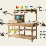 Wooden play kitchen set with chalkboard, storage box, flower pots, and faucet on a beige background.