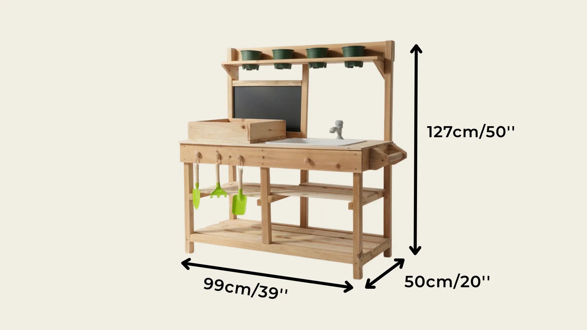 Wooden play kitchen set with dimensions labeled on a beige background
