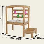 Wooden children's desk with chair, dimensions labeled, on a beige background